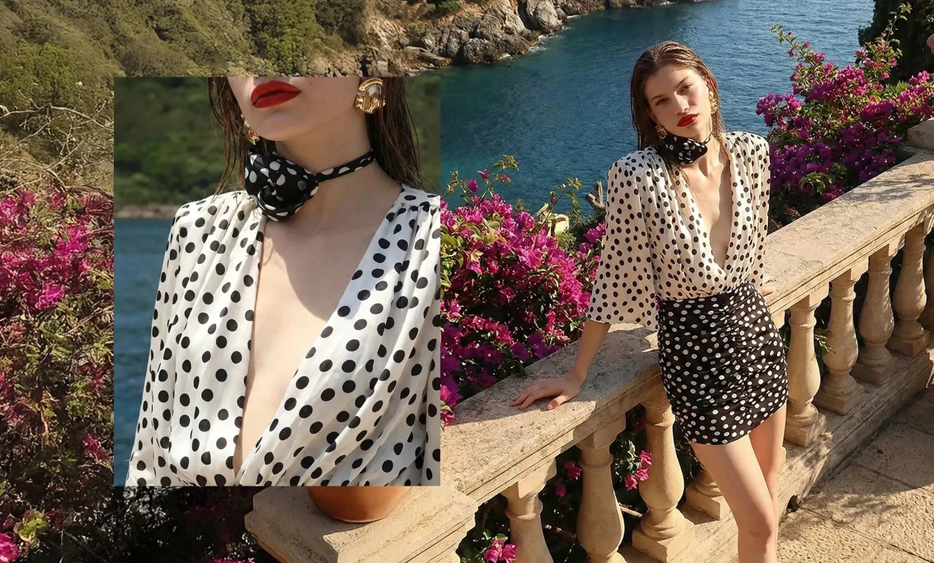 Polka-dot fashion collection photographed on a coastal terrace