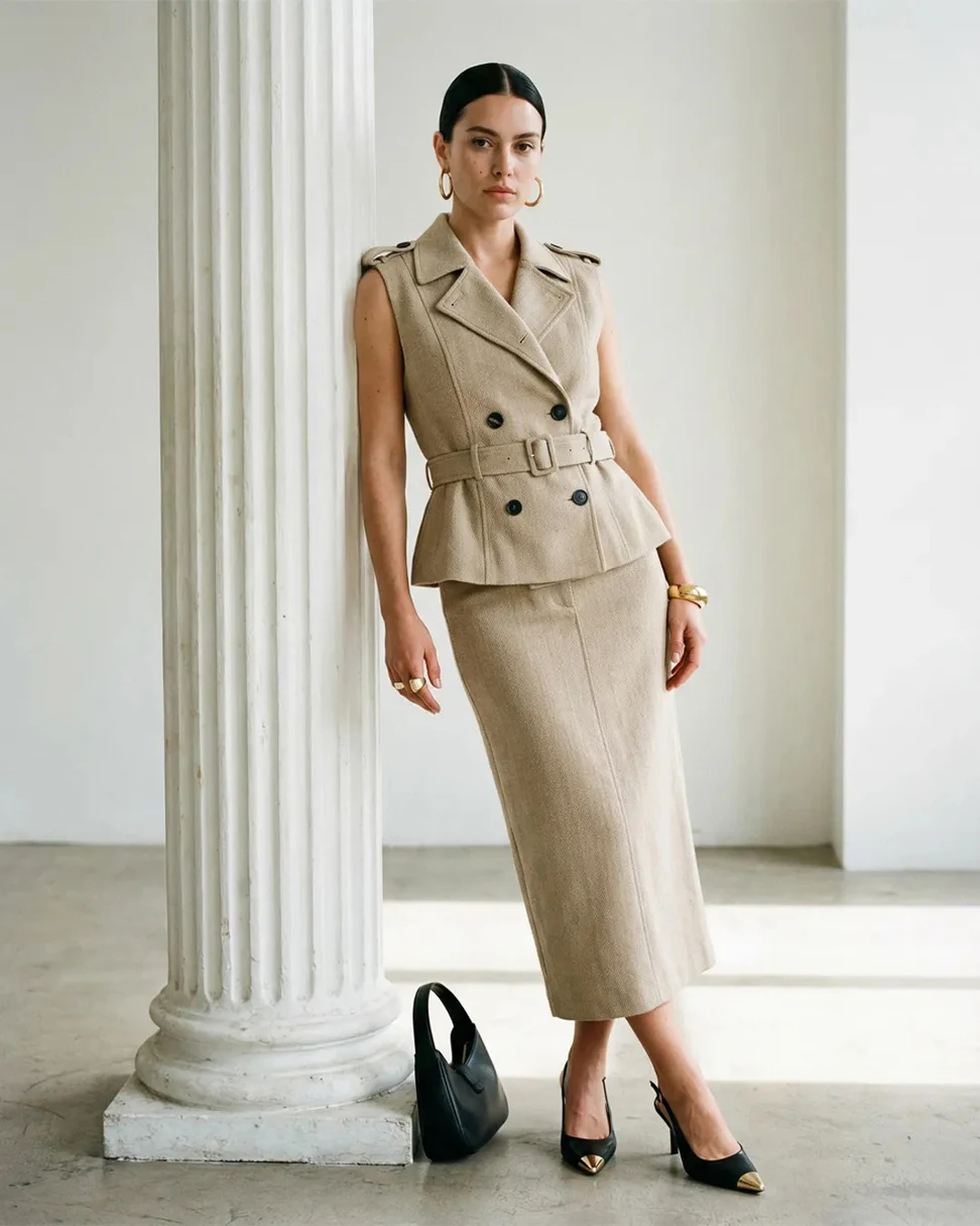 Tailored neutral sleeveless suit with skirt
