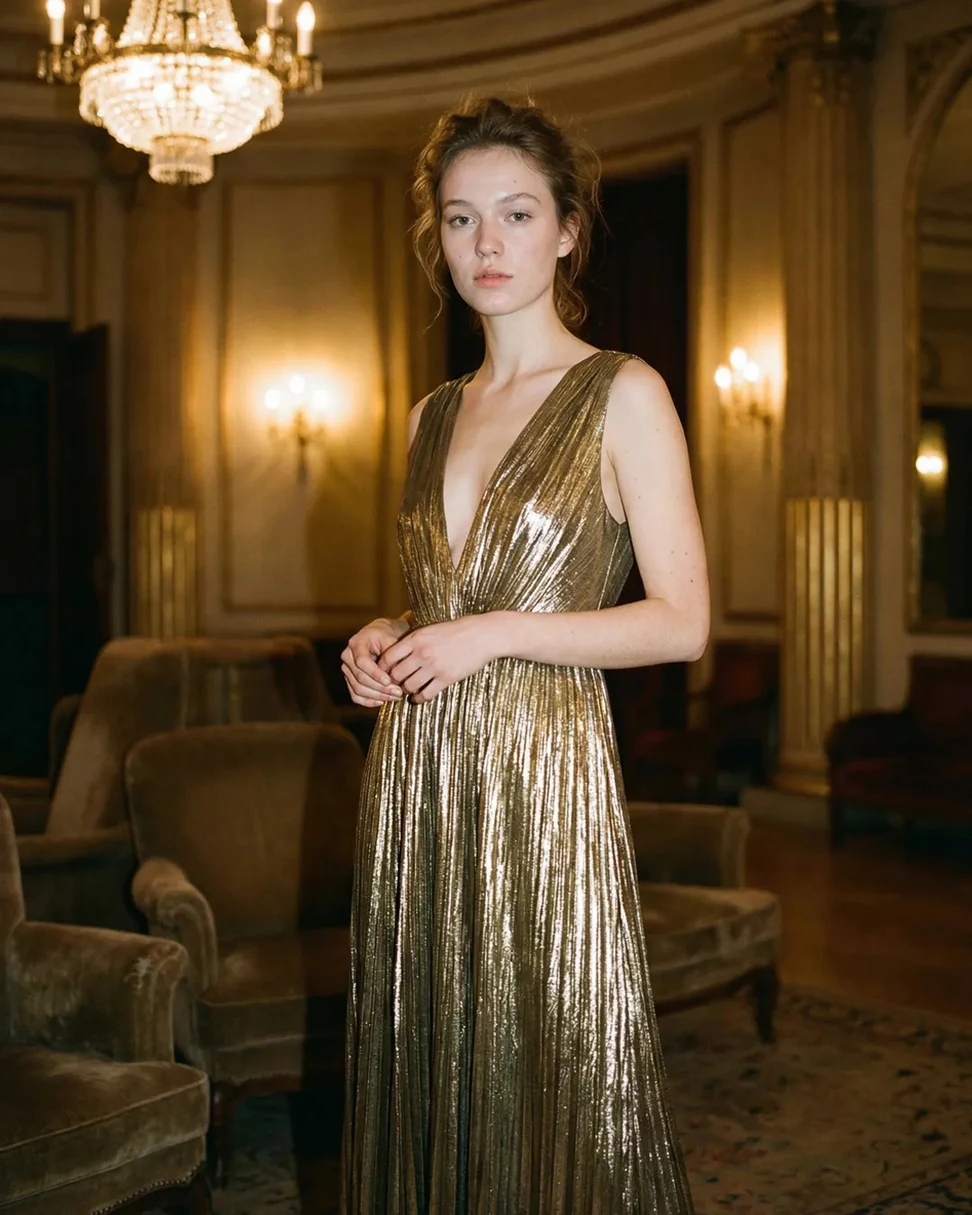 Gold evening gown in a classical interior