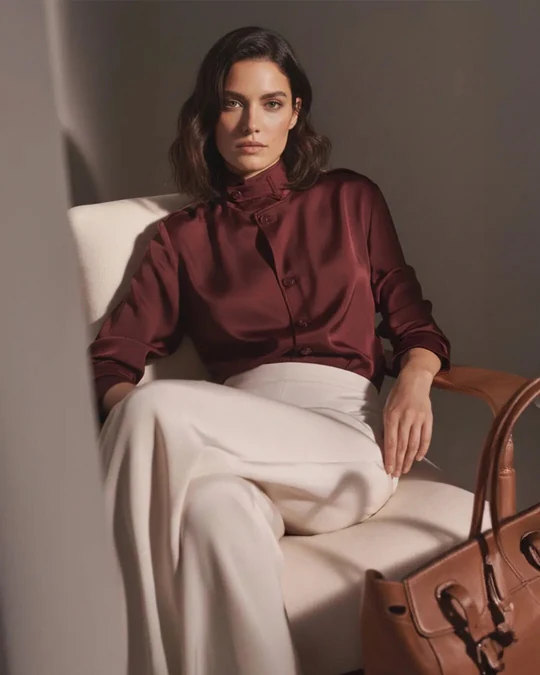 Burgundy blouse and ivory trousers